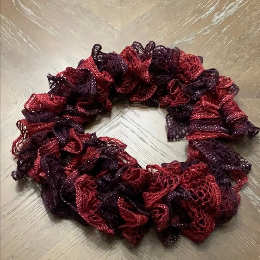 Deep red, plum & silver hand crocheted scarf